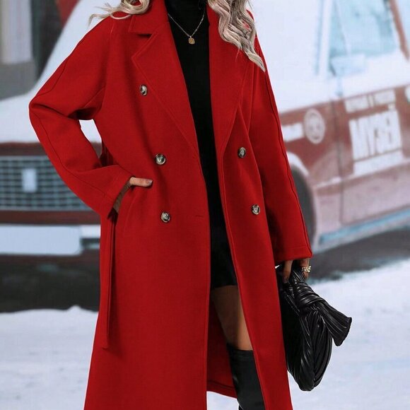 Casual Women's Double Breasted  Lapel Neck Belted jacket Overcoat RED - Picture 3 of 6